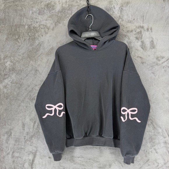 Edikted Tops - Edikted Womens Charcoal Grey Pink Bow Sleeve Fleece Hoodie Sweatshirt Small